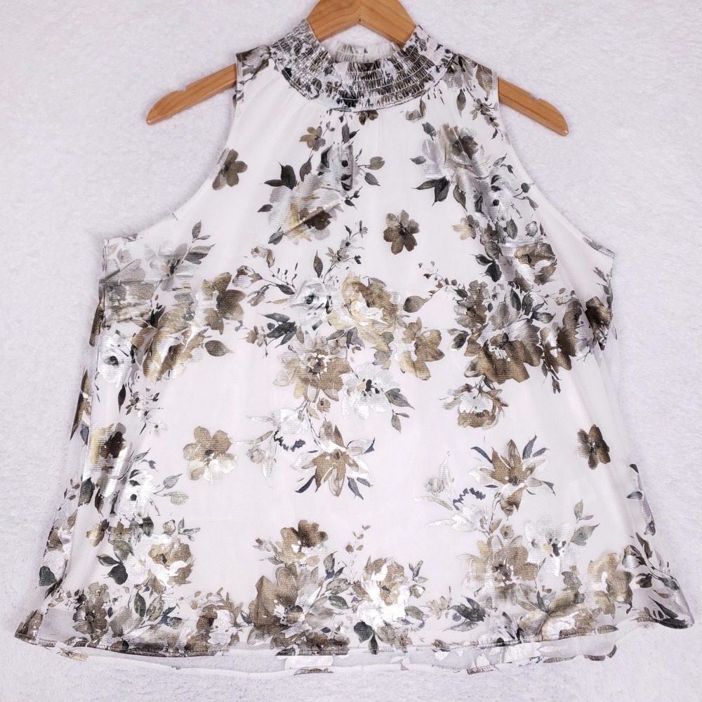Chenault Halter Top Blouse Womens Metallic Gold Silver Floral Foil Smocked Mock